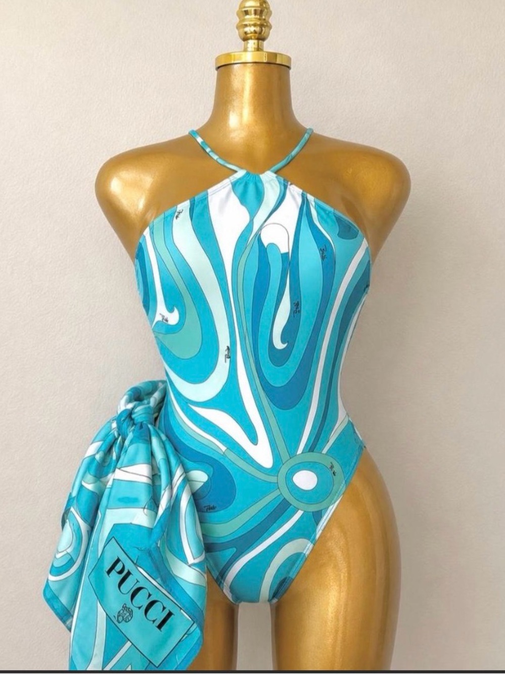 Emilio Pucci Turquoise & White Swirl Halter One-Piece  Authenticated
